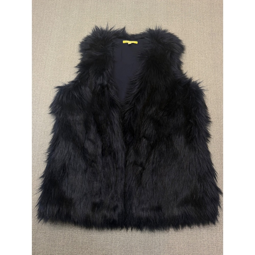 Gianni Bini Blue Faux Fur Vest Shaggy Open Front Size L Fall Winter Boho Moto